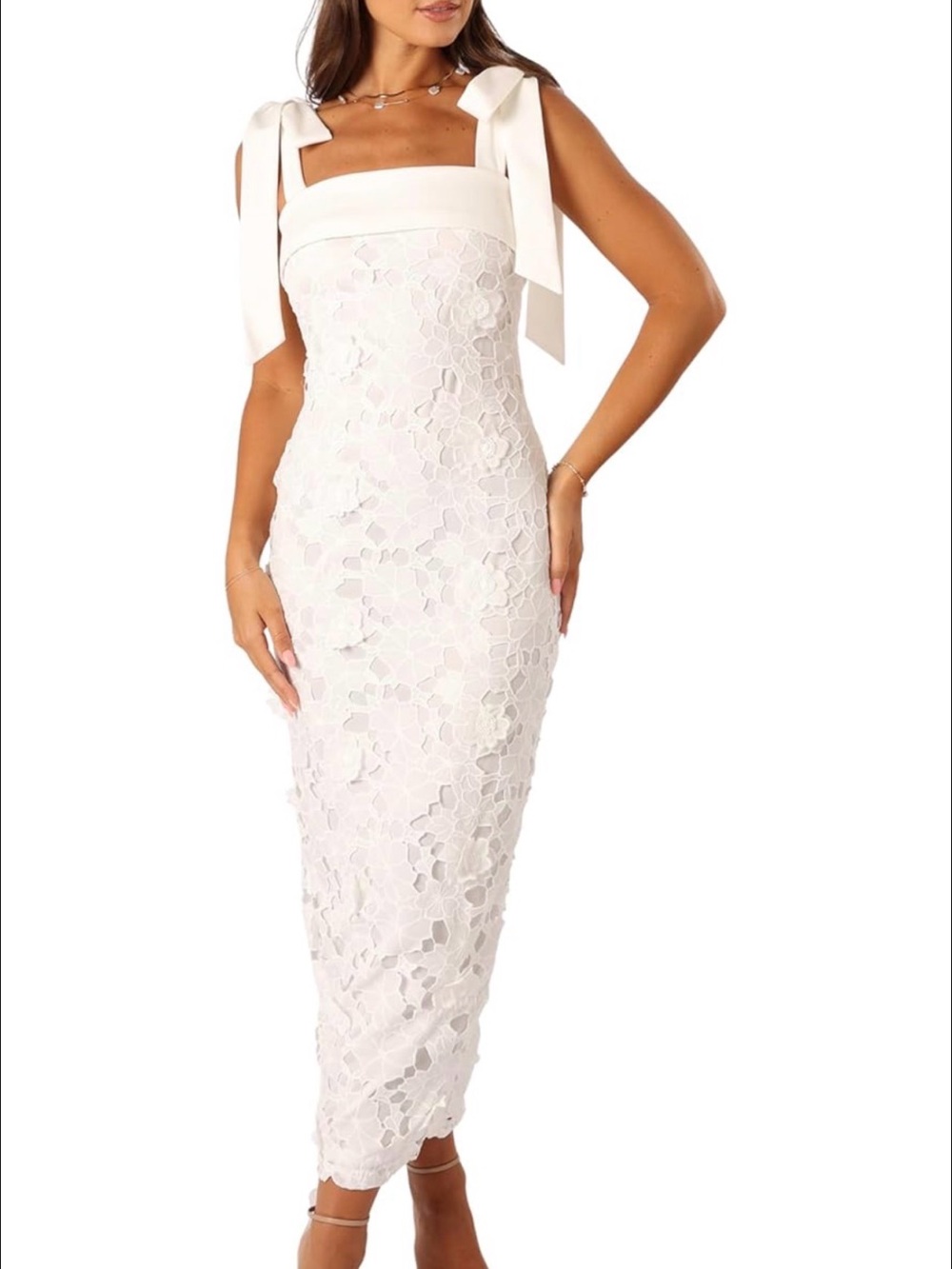 Petal & Pup White Floral Lace Midi Dress with Shoulder Ties